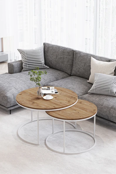 Orta Sehpa , Paris 2'li Orta Sehpa Takımı , Beyaz Metal - Atlantik Çam Tabla ürün görseli