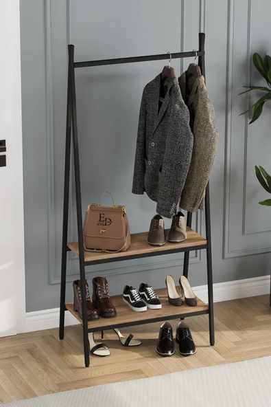 Jade Konfeksiyon Elbise Askılık , 2 Raflı Askılık , Siyah Metal - Atlantik Çam Tabla ürün görseli