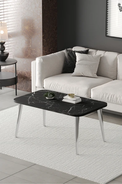 Orta Sehpa Metal Ayaklı , Roma Orta Sehpa , Gümüş Metal - Siyah Mermer Tabla ürün görseli