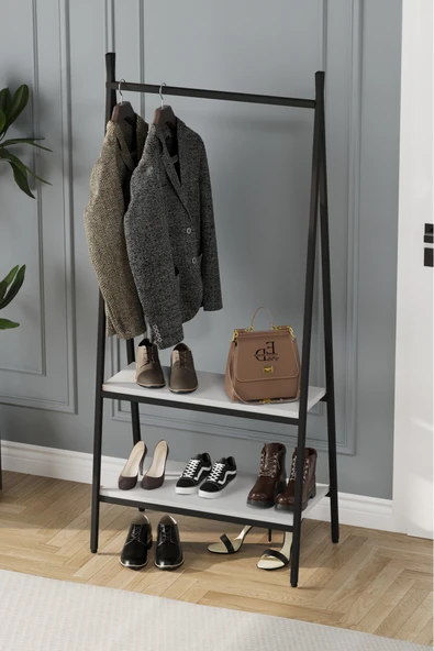 Jade Konfeksiyon Elbise Askılık , 2 Raflı Askılık , Siyah Metal - Beyaz Tabla - Resim 3