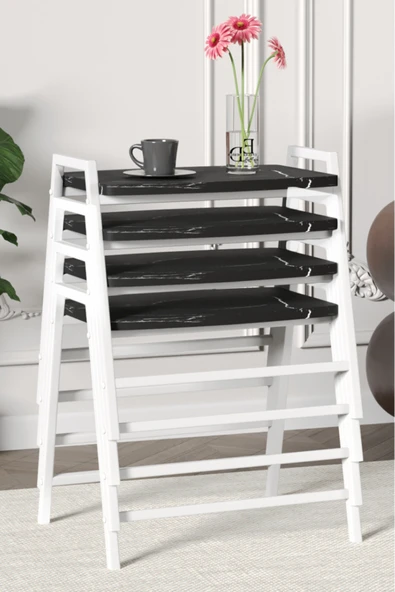 Zigon Sehpa , Aden 4'lü Tepsi Zigon Sehpa Takımı Beyaz Metal - Siyah Mermer Tabla - Resim 2