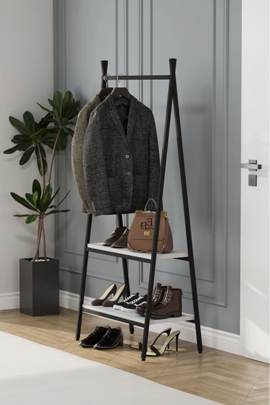 Jade Konfeksiyon Elbise Askılık , 2 Raflı Askılık , Siyah Metal - Beyaz Tabla - Resim 2