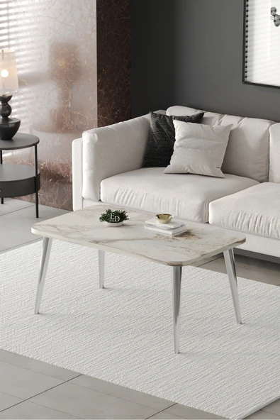 Orta Sehpa Metal Ayaklı , Roma Orta Sehpa , Gümüş Metal - Beyaz Mermer Tabla ürün görseli