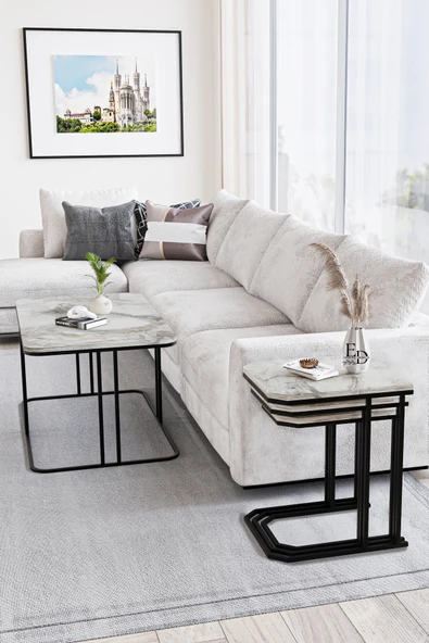 Zigon Sehpa , Lyon 3'lü C Zigon Sehpa Takımı , Siyah Metal - Beyaz Mermer Tabla - Resim 4