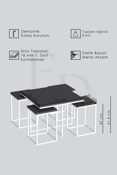 Orta Sehpa , Lizbon 4 1 , Kare Pizza Sehpa Takımı , Gümüş Metal - Beyaz Mermer Tabla - Resim 3