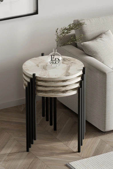 Zigon Sehpa , Nice 4'lü Zigon Sehpa Takımı , Siyah Metal - Beyaz Mermer Tabla ürün görseli