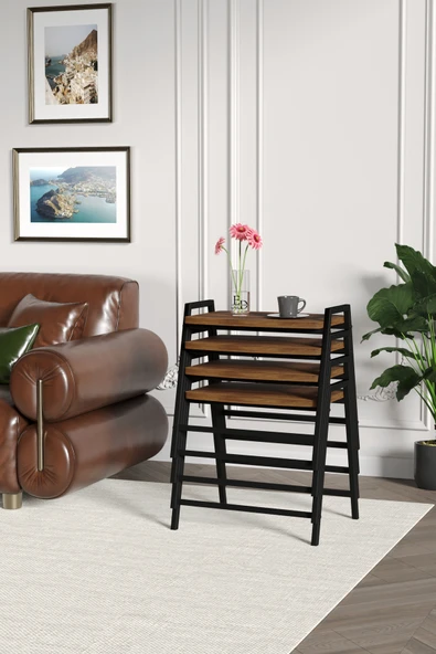 Zigon Sehpa , Aden 4'lü Tepsi Zigon Sehpa Takımı Siyah Metal - Barok Tabla - Resim 3