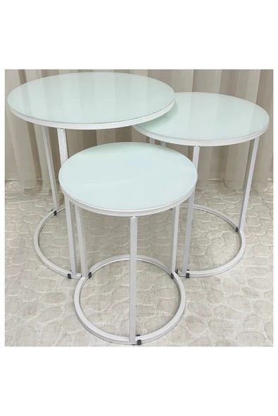 Zigon Sehpa , Paris 3'lü Camlı C Zigon Sehpa Takımı , Beyaz Metal - Beyaz Cam - Resim 2