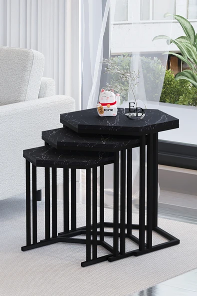 Zigon Sehpa , Tokyo 3'lü Zigon Takımı , Siyah Metal - Siyah Mermer Tabla ürün görseli