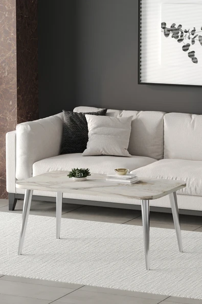 Orta Sehpa Metal Ayaklı , Roma Orta Sehpa , Gümüş Metal - Beyaz Mermer Tabla - Resim 2