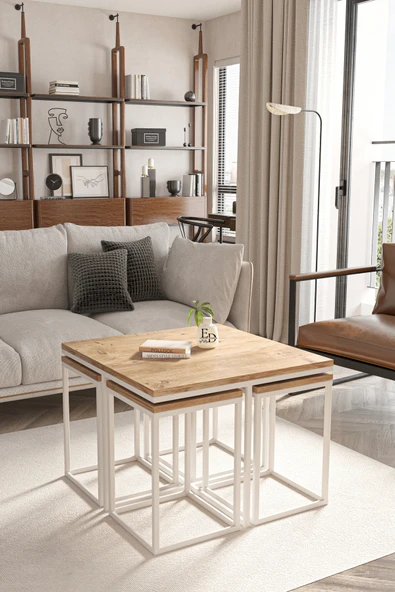 Orta Sehpa , Lizbon 4 1 , Kare Pizza Sehpa Takımı , Beyaz Metal - Atlantik Çam Tabla - Resim 2