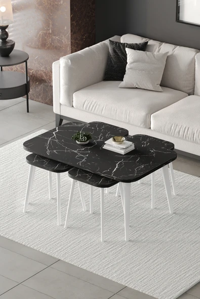 Zigon ve Orta Sehpa 5'li Takım , Metal Ayaklı , Roma 4+1 Sehpa , Beyaz Metal - Siyah Mermer Tabla ürün görseli