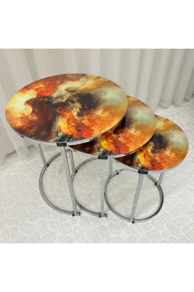 Zigon Sehpa , Paris 3'lü Camlı C Zigon Sehpa Takımı , Gümüş Metal - Cam-95 - Resim 3