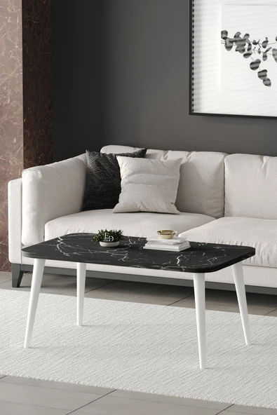 Orta Sehpa Metal Ayaklı , Roma Orta Sehpa , Beyaz Metal - Siyah Mermer Tabla - Resim 2