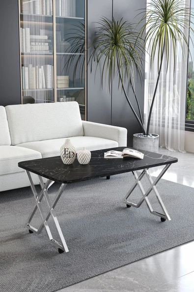 Orta Sehpa , Milano Tekerlekli Orta Sehpa , Gümüş Metal - Siyah Mermer Tabla ürün görseli