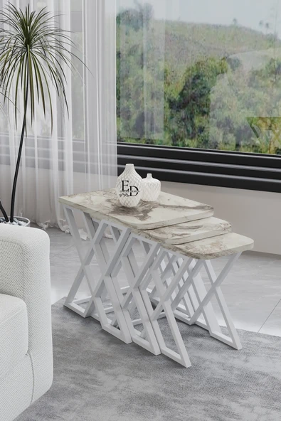 Zigon Sehpa , Milano 3'lü Zigon Sehpa Takımı , Beyaz Metal - Beyaz Mermer Tabla ürün görseli