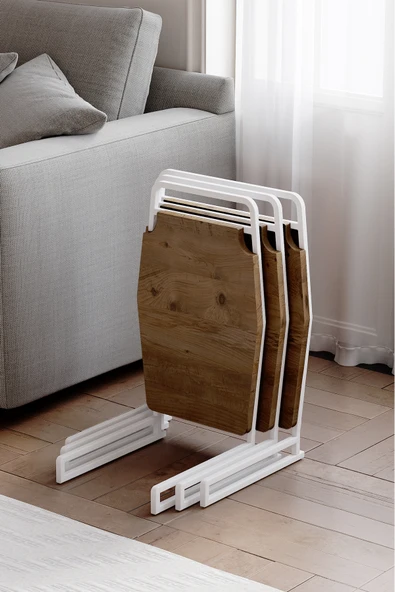 Zigon Sehpa , Miami 3'lü Zigon Sehpa Takımı , Beyaz Metal - Atlantik Çam Tabla ürün görseli