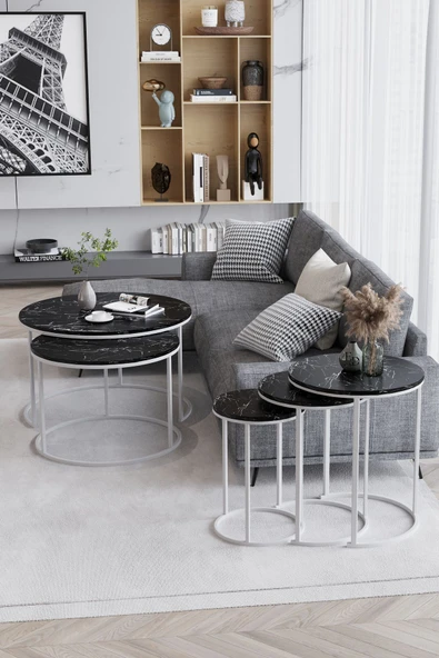 Zigon Sehpa , Paris 3'lü C Zigon Sehpa Takımı , Beyaz Metal - Siyah Mermer Tabla - Resim 2