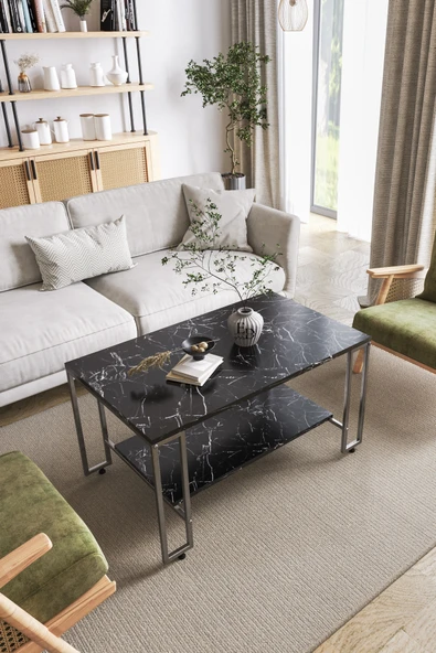 Orta Sehpa , Nury Tekerlekli Orta Sehpa Takımı , Gümüş Metal - Siyah Mermer Tabla ürün görseli