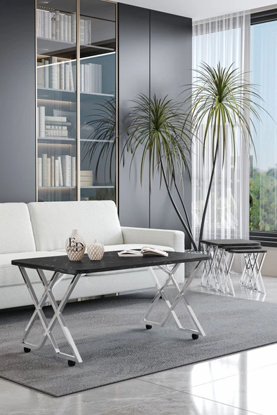 Orta Sehpa , Milano Tekerlekli Orta Sehpa , Gümüş Metal - Siyah Mermer Tabla - Resim 2