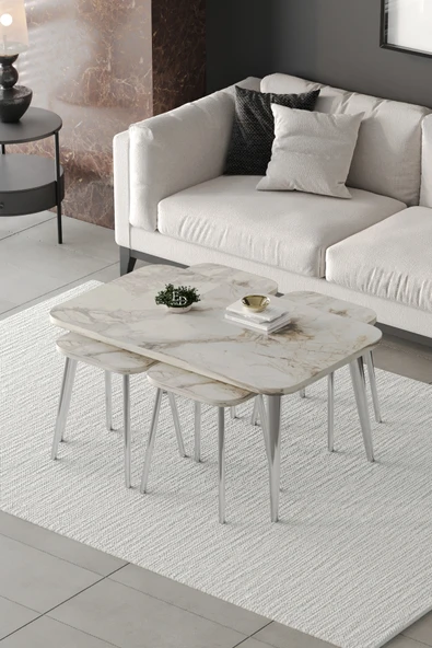 Zigon ve Orta Sehpa 5'li Takım , Metal Ayaklı , Roma 4+1 Sehpa , Gümüş Metal - Beyaz Mermer Tabla ürün görseli