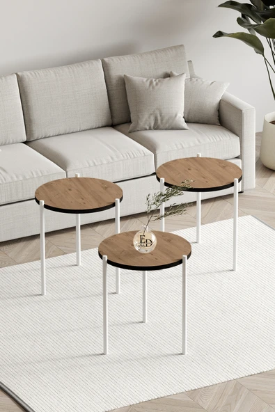 Zigon Sehpa , Nice 3'lü Zigon Sehpa Takımı , Beyaz Metal - Atlantik Çam Tabla - Resim 2