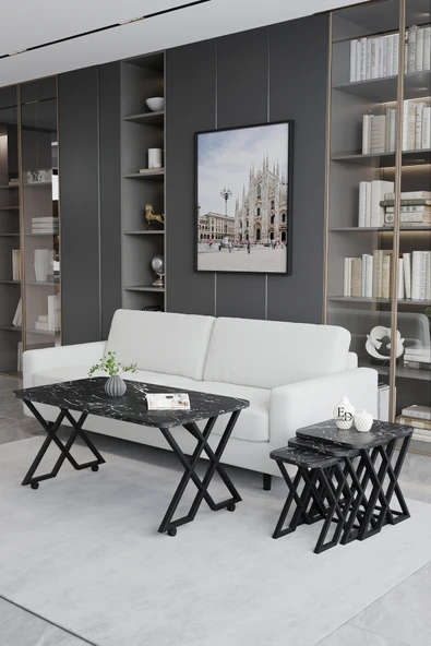 Zigon Sehpa , Milano 3'lü Zigon Sehpa Takımı , Siyah Metal - Siyah Mermer Tabla - Resim 2