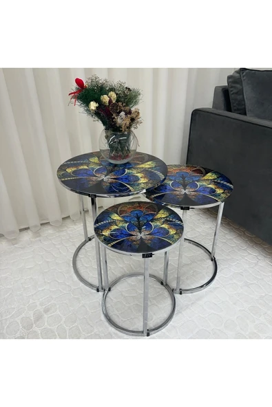 Zigon Sehpa , Paris 3'lü Camlı C Zigon Sehpa Takımı , Gümüş Metal - Cam-97 - Resim 2