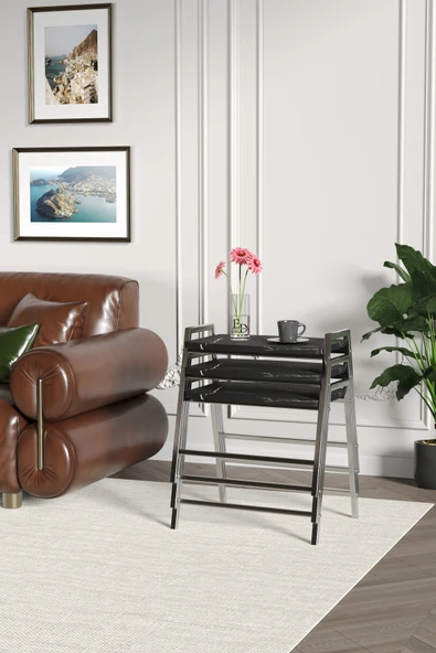 Zigon Sehpa , Aden 3'lü Tepsi Zigon Sehpa Takımı Gümüş Metal - Siyah Mermer Tabla - Resim 3