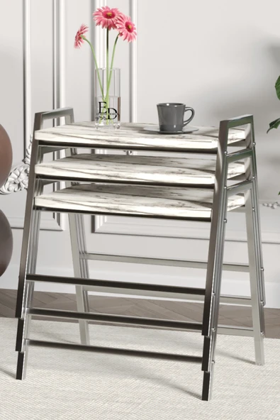 Zigon Sehpa , Aden 3'lü Tepsi Zigon Sehpa Takımı Gümüş Metal - Beyaz Mermer Tabla - Resim 2