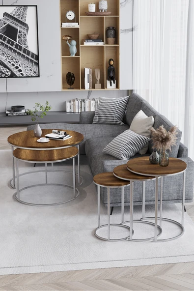 Zigon Sehpa , Paris 3'lü C Zigon Sehpa Takımı , Gümüş Metal - Barok Tabla - Resim 2