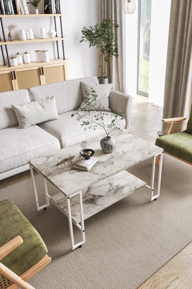 Orta Sehpa , Nury Tekerlekli Orta Sehpa Takımı , Beyaz Metal - Beyaz Mermer Tabla ürün görseli