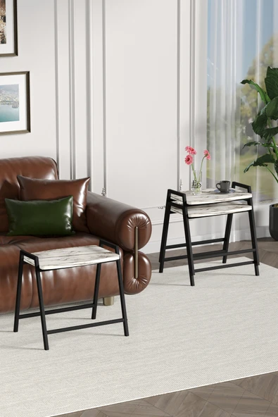 Zigon Sehpa , Aden 3'lü Tepsi Zigon Sehpa Takımı Siyah Metal - Beyaz Mermer Tabla - Resim 4