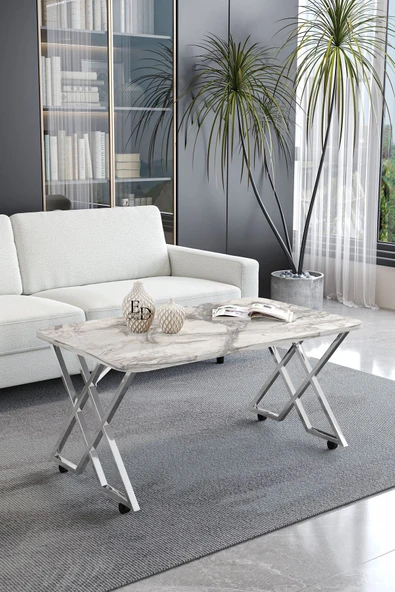 Orta Sehpa , Milano Tekerlekli Orta Sehpa , Gümüş Metal - Beyaz Mermer Tabla ürün görseli