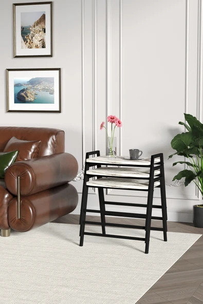 Zigon Sehpa , Aden 3'lü Tepsi Zigon Sehpa Takımı Siyah Metal - Beyaz Mermer Tabla - Resim 3