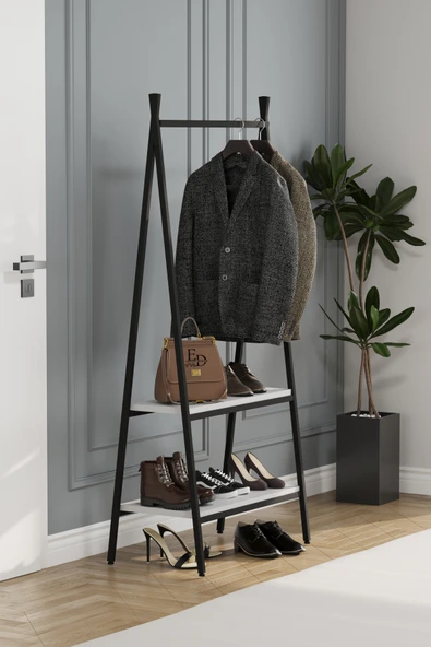 Jade Konfeksiyon Elbise Askılık , 2 Raflı Askılık , Siyah Metal - Beyaz Tabla - Resim 4