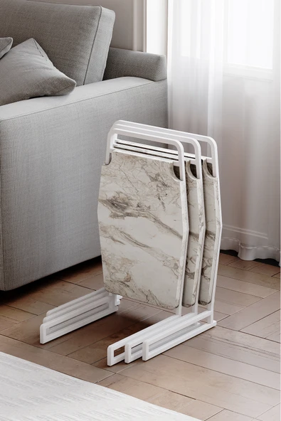 Zigon Sehpa , Miami 3'lü Zigon Sehpa Takımı , Beyaz Metal - Beyaz Mermer Tabla ürün görseli