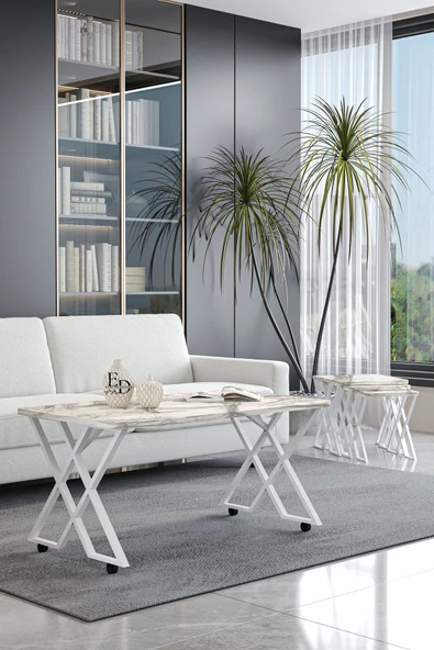 Orta Sehpa , Milano Tekerlekli Orta Sehpa , Beyaz Metal - Beyaz Mermer Tabla - Resim 2