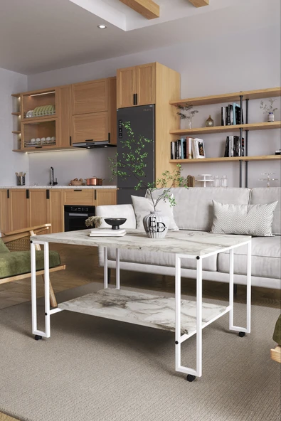 Orta Sehpa , Nury Tekerlekli Orta Sehpa Takımı , Beyaz Metal - Beyaz Mermer Tabla - Resim 2