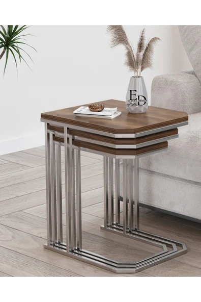 Zigon Sehpa , Lyon 3'lü C Zigon Sehpa Takımı , Gümüş Metal - Barok Tabla ürün görseli