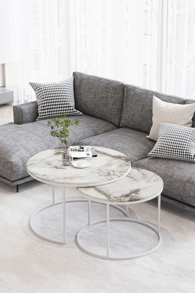 Orta Sehpa , Paris 2'li Orta Sehpa Takımı , Beyaz Metal - Beyaz Mermer Tabla ürün görseli