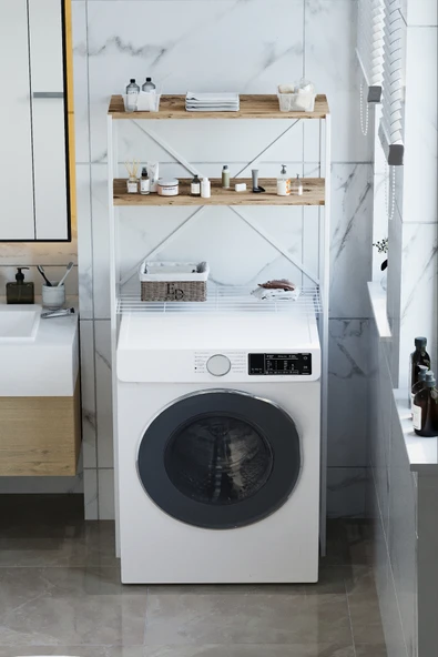 Banyo Rafı , Beril 2 Raflı Çamaşır Makinesi Üstü Düzenleyici , Beyaz Metal - Atlantik Çam Tabla - Resim 2