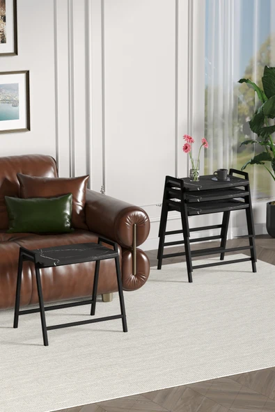 Zigon Sehpa , Aden 4'lü Tepsi Zigon Sehpa Takımı Siyah Metal - Siyah Mermer Tabla - Resim 4