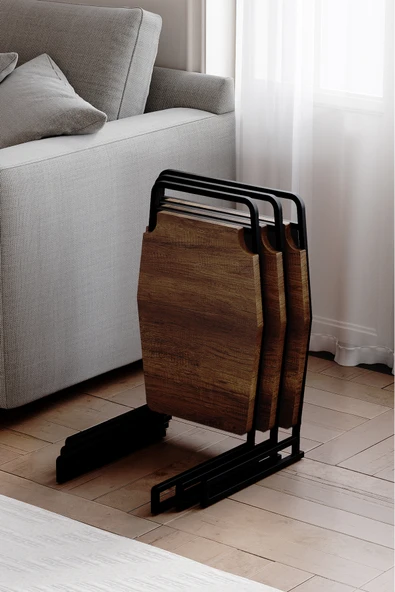 Zigon Sehpa , Miami 3'lü Zigon Sehpa Takımı , Siyah Metal - Barok Tabla ürün görseli