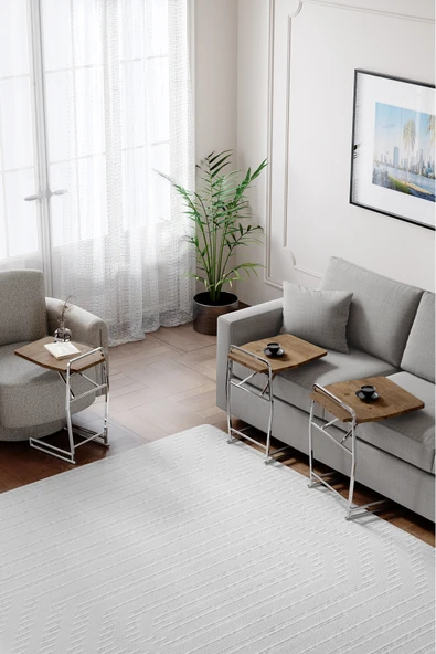 Zigon Sehpa , Miami 3'lü Zigon Sehpa Takımı , Gümüş Metal - Atlantik Çam Tabla - Resim 2