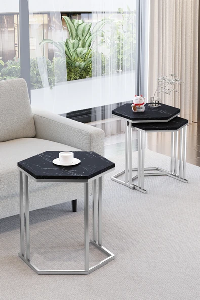 Zigon Sehpa , Tokyo 3'lü Zigon Takımı , Gümüş Metal - Siyah Mermer Tabla - Resim 2