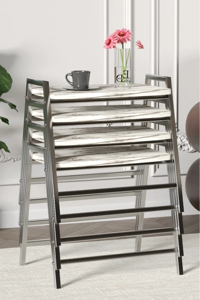 Zigon Sehpa , Aden 4'lü Tepsi Zigon Sehpa Takımı Gümüş Metal - Beyaz Mermer Tabla - Resim 2