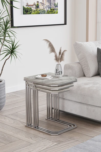 Zigon Sehpa , Lyon 3'lü C Zigon Sehpa Takımı , Gümüş Metal - Beyaz Mermer Tabla - Resim 3