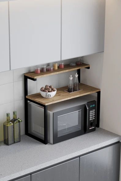 Akik 2 Raflı Metal Çok Amaçlı Mutfak Rafı / Tezgah Üstü Raf Siyah Metal - Atlantik Çam Tabla - Resim 2