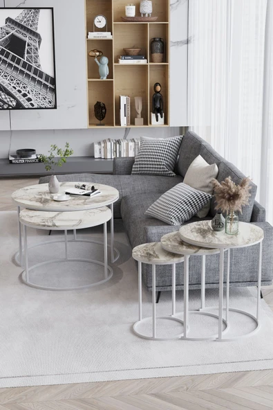 Zigon Sehpa , Paris 3'lü C Zigon Sehpa Takımı , Beyaz Metal - Beyaz Mermer Tabla - Resim 2